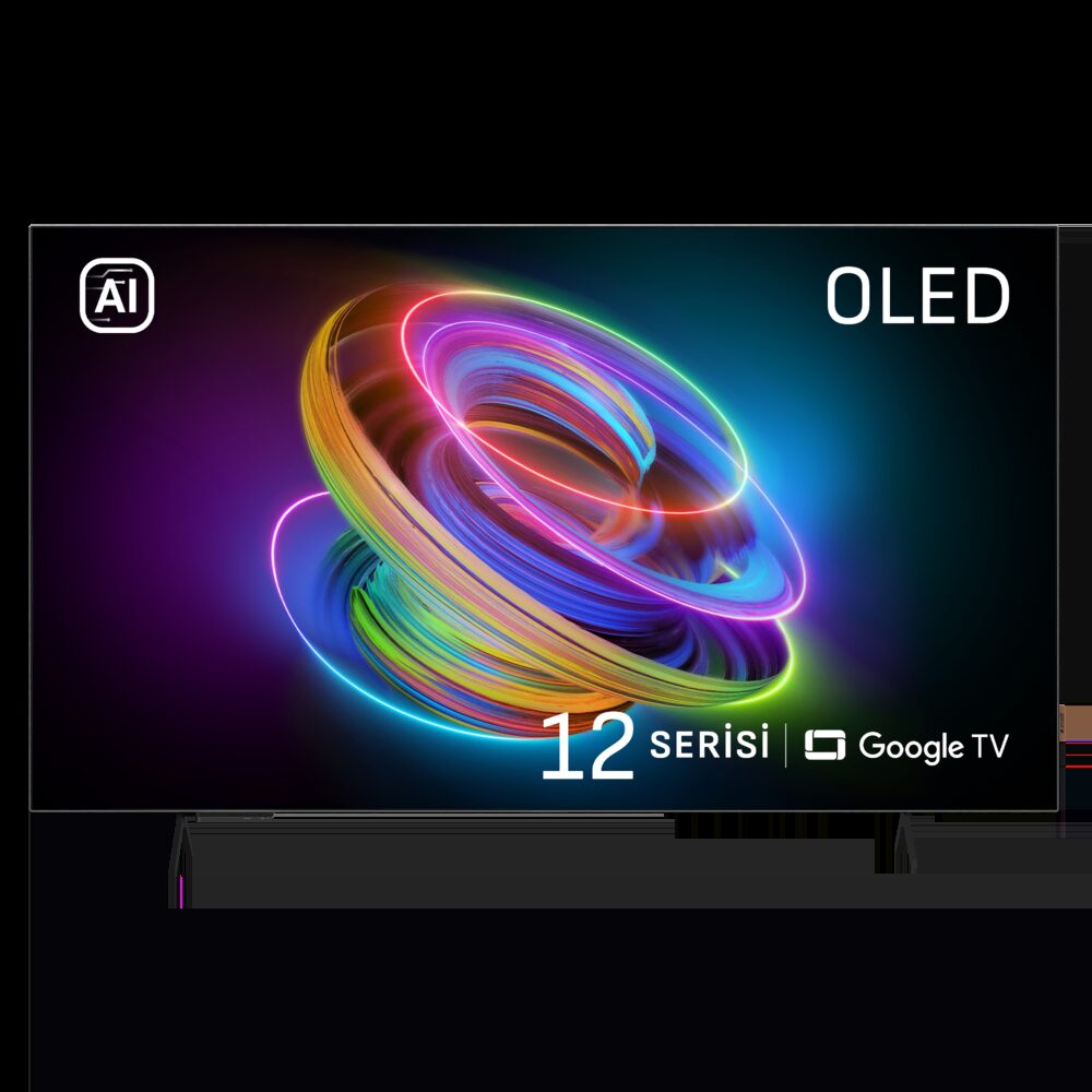 Arçelik Imperium 12 AI OLED televizyon önden görünüm, ekranda renkli halka animasyonu