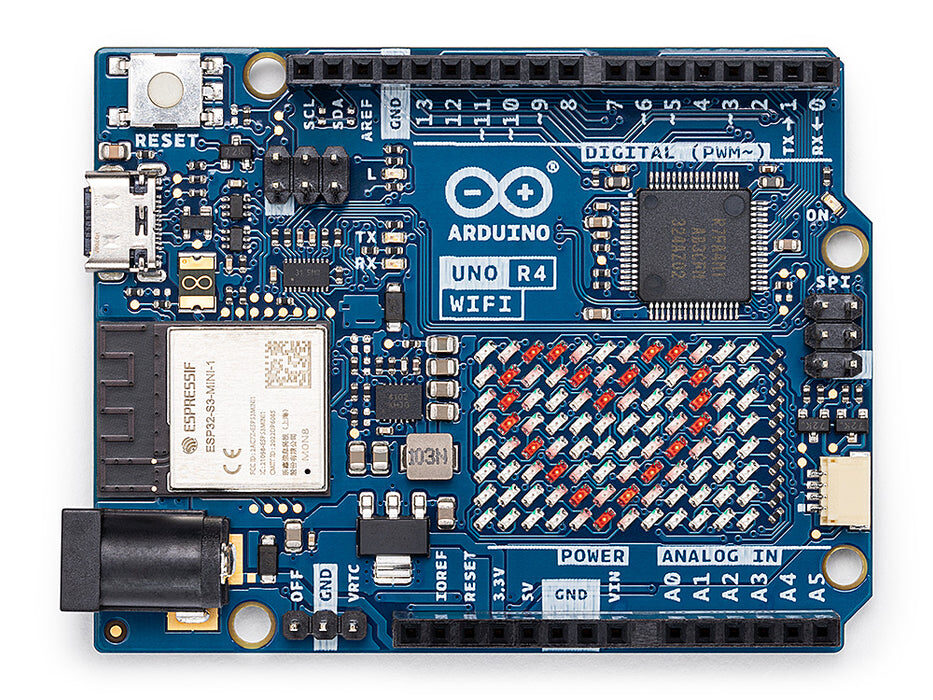 Arduino UNO R4 WiFi kartı, LED matrisi ve ESP32-S3 modülüyle