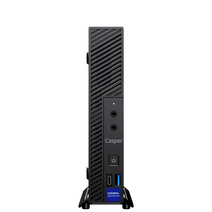 Siyah, dikey ince kasalı Casper Nirvana M400 mini bilgisayar yandan görünüm