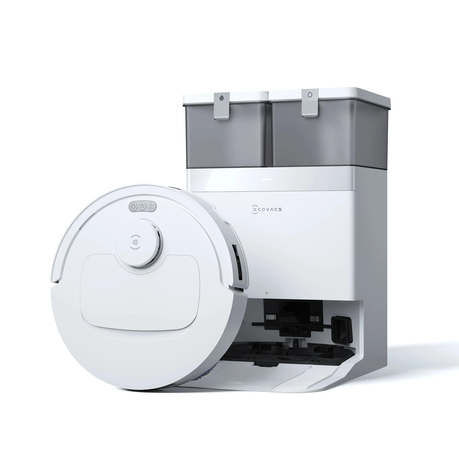 Beyaz Ecovacs Deebot T30C robot süpürge istasyonunun önünde