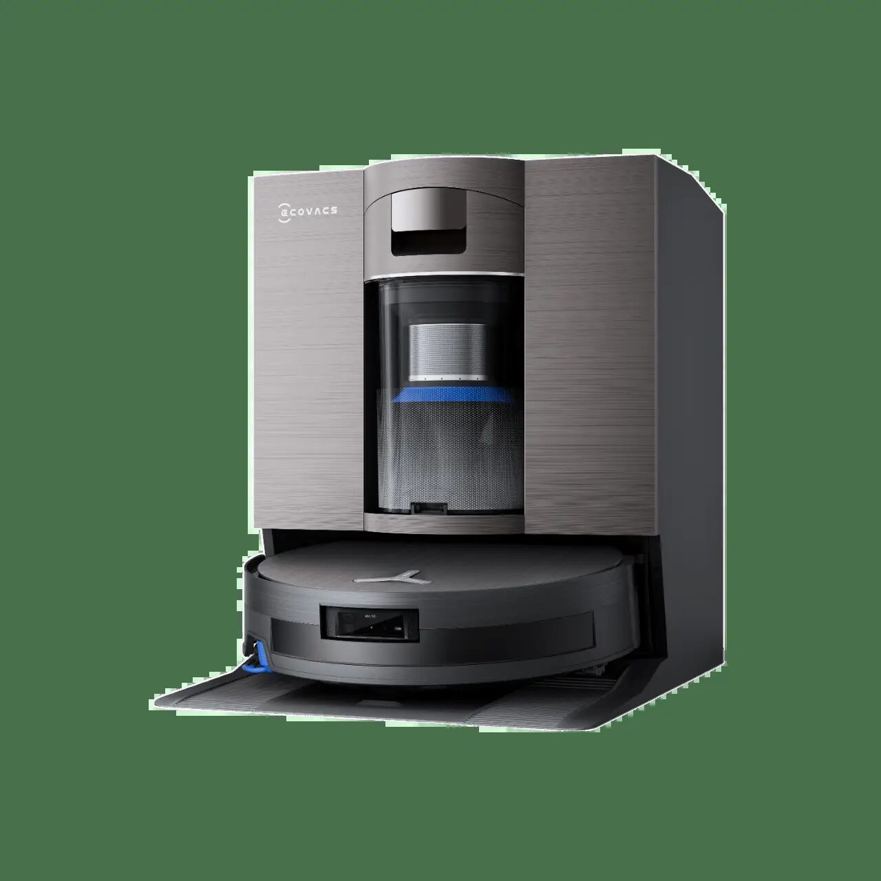 Ecovacs Deebot X11 OmniCyclone robot süpürge torbasız istasyonunun önünde