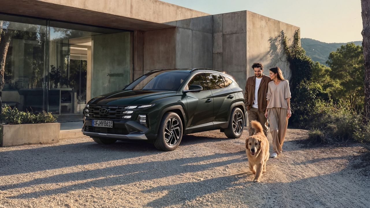 Koyu yeşil Hyundai Tucson, beton bir evin önünde önden çapraz görünüm