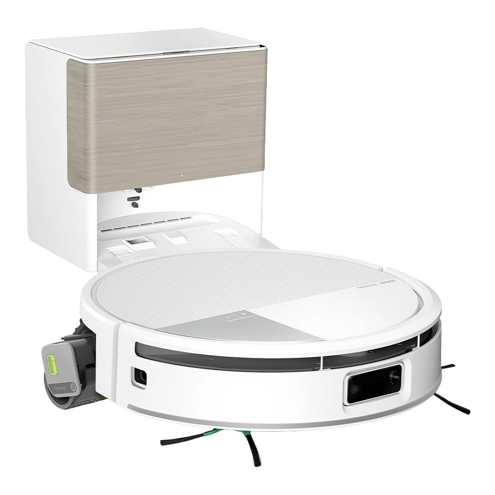 Beyaz iRobot Roomba Max 705 Combo robot süpürge AutoWash istasyonunun önünde