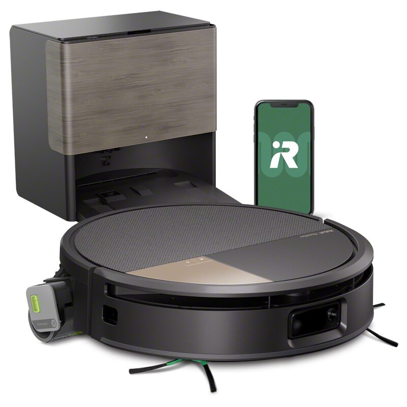 Siyah iRobot Roomba Max 775 Combo robot süpürge AutoWash istasyonunun önünde