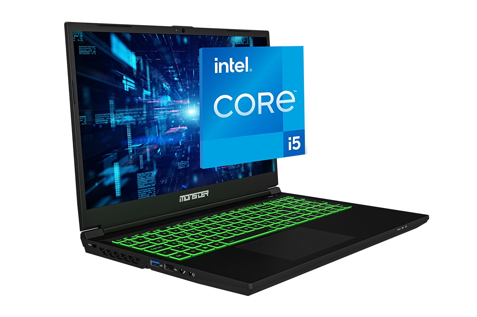 Ekranında Intel Core i5 logosu olan siyah Monster Abra A5 V21.6 oyun dizüstüsü, yeşil aydınlatmalı klavye