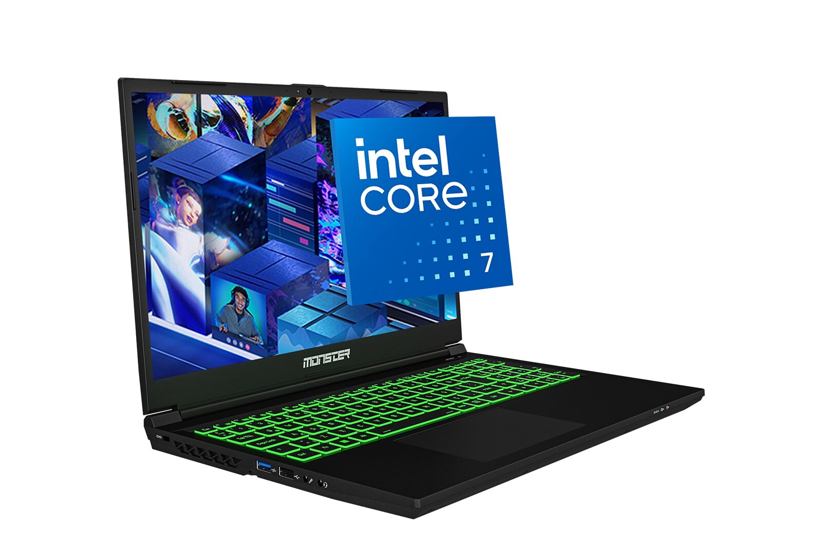 Ekranında Intel Core 7 logosu olan siyah Monster Abra A5 V21.8 oyun dizüstüsü, yeşil aydınlatmalı klavye