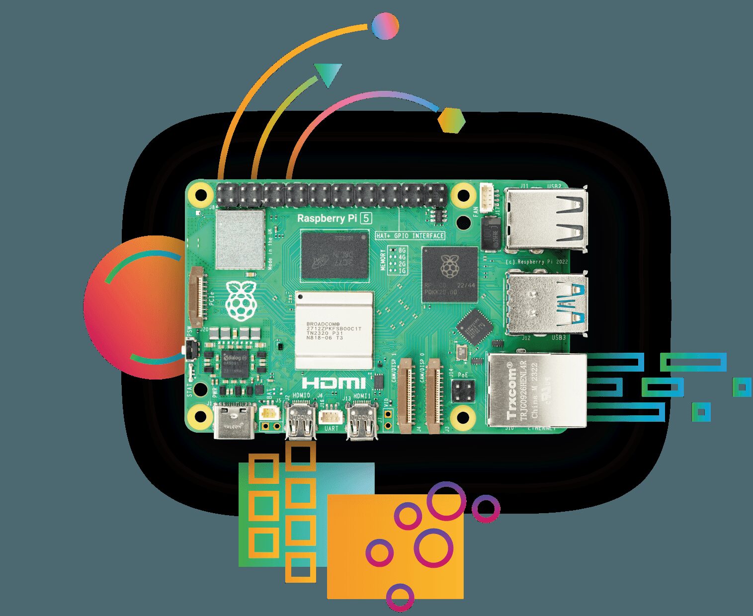 Raspberry Pi 5 tek kart bilgisayar, yeşil devre kartı üzerinde USB ve HDMI portları
