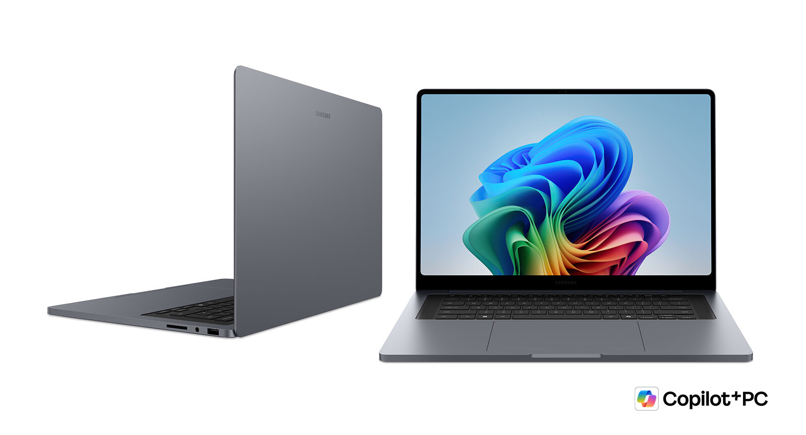Samsung Galaxy Book6 Ultra grigio aperto, vista laterale