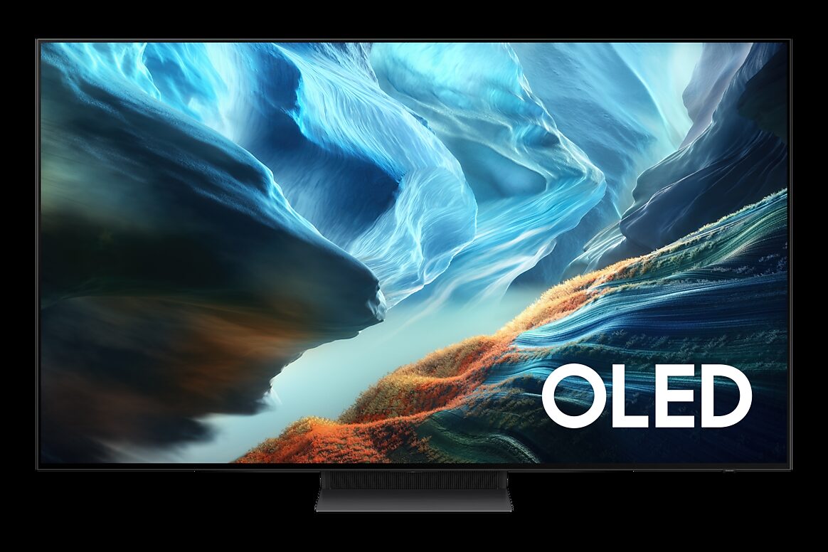 Samsung OLED S90H televizyon önden görünüm, ekranda buzul manzarası