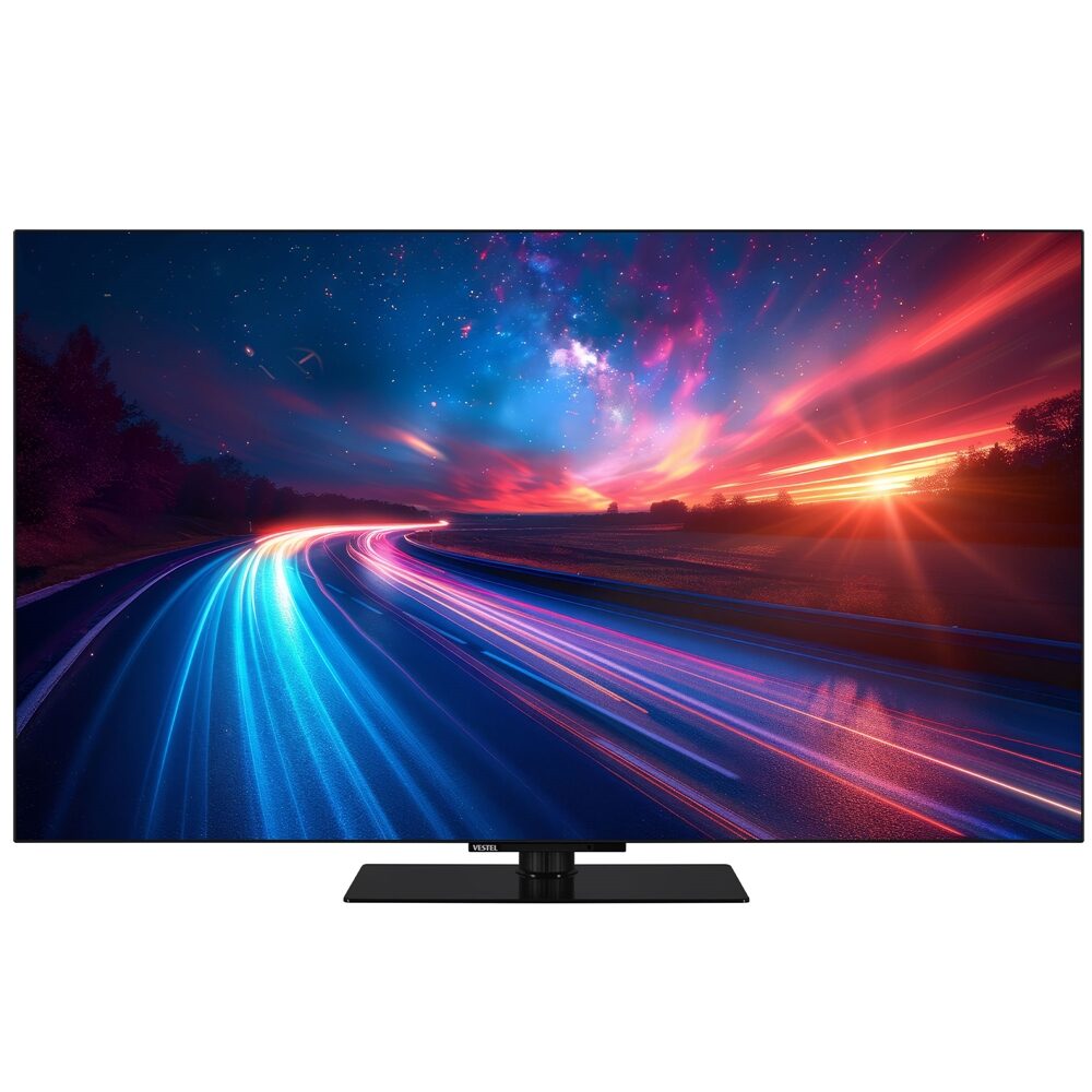 Vestel 55OG9950 OLED Google TV önden görünüm, ekranda renkli gece yolu görseli