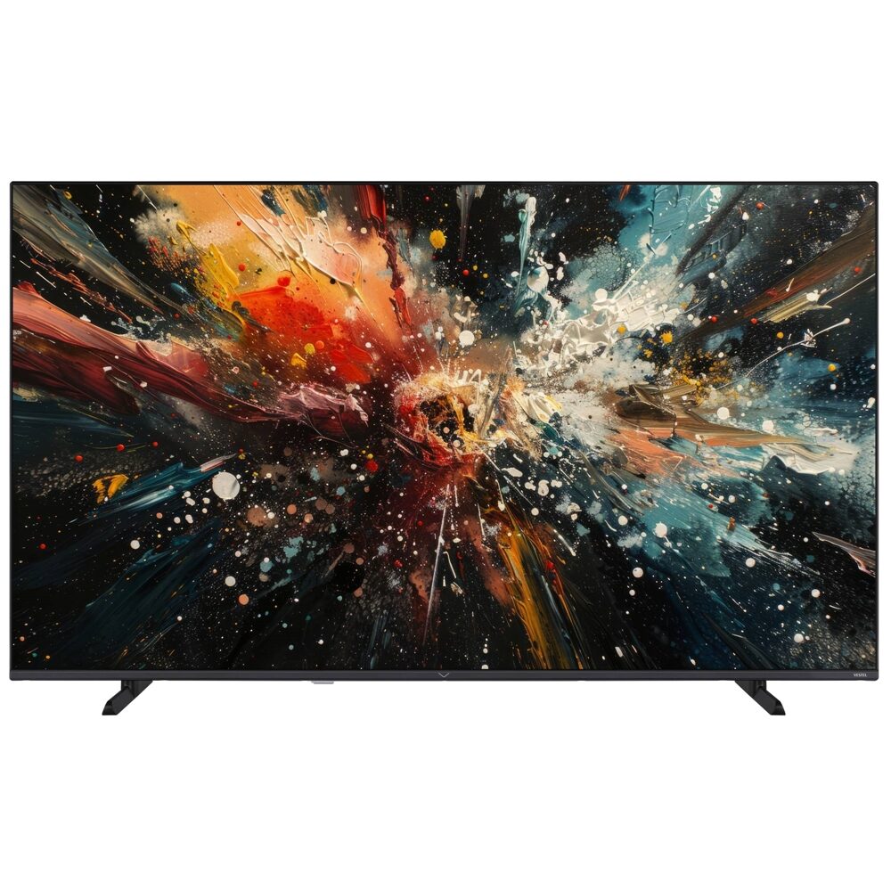 Vestel 55QT9850 QLED televizyon önden görünüm, ekranda renkli soyut görsel