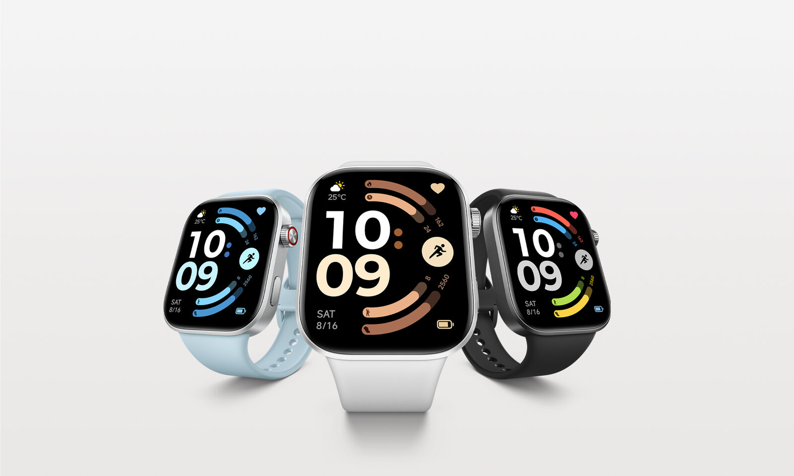 Açık mavi, beyaz ve siyah kayışlı üç Redmi Watch 6 akıllı saat yan yana