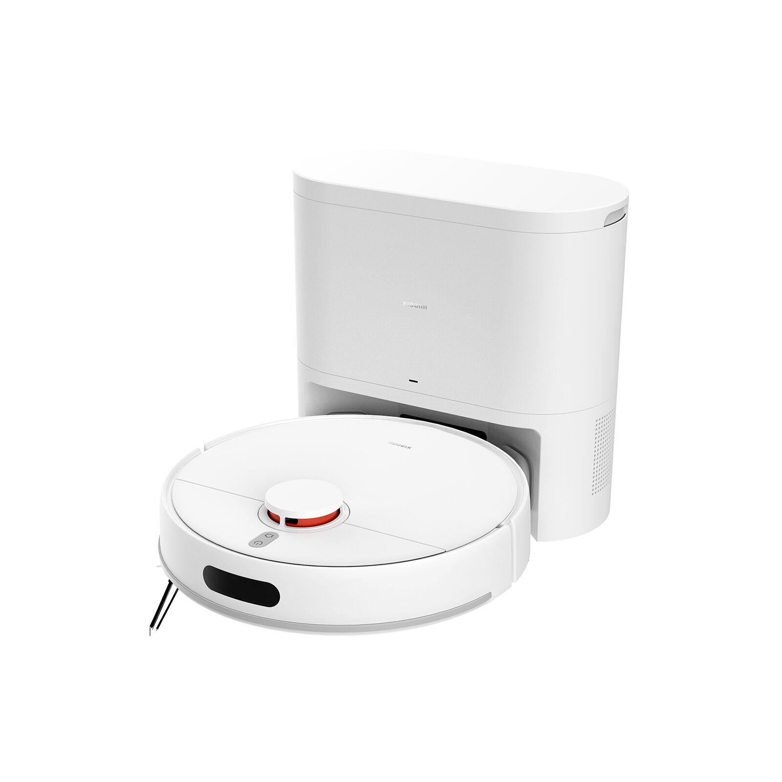 Beyaz Xiaomi Robot Vacuum H40 şarj ve paspas temizleme standının üzerinde