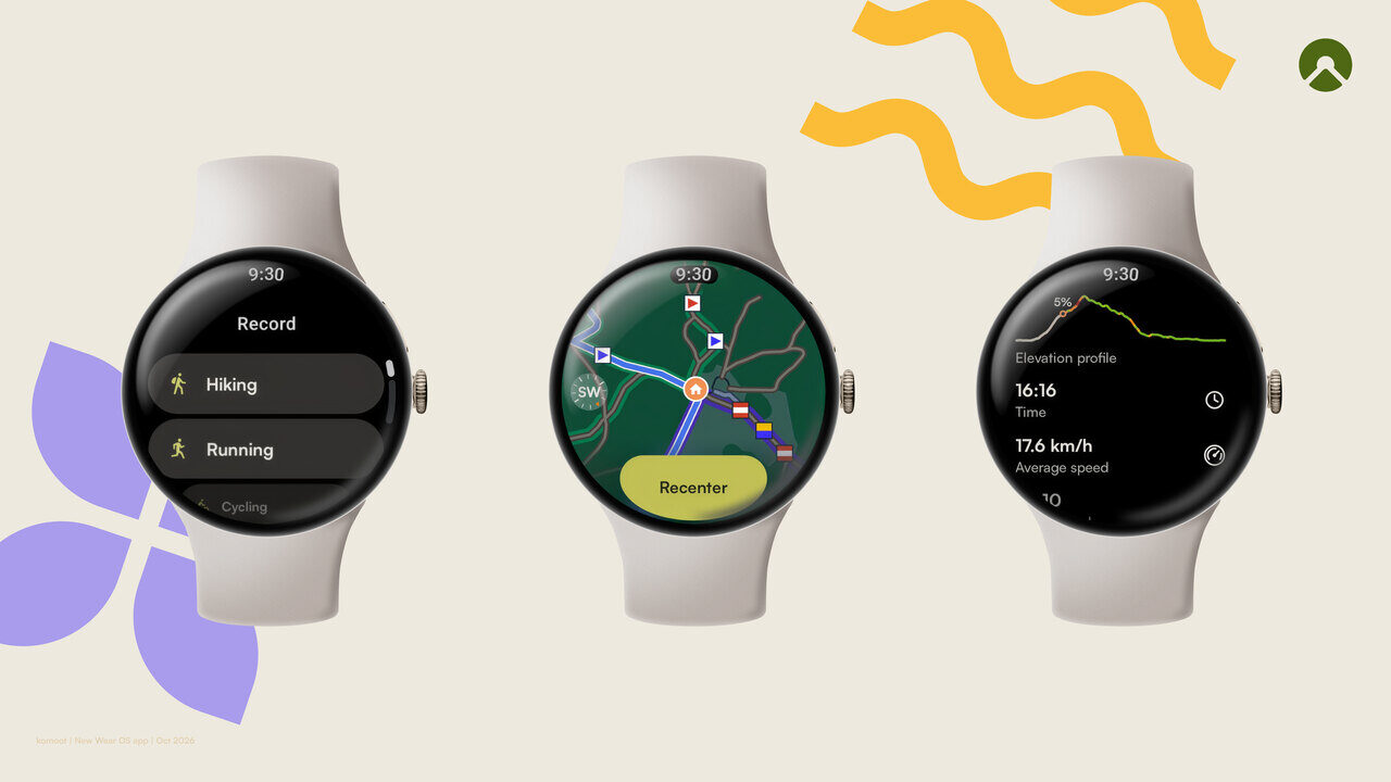 Drei Wear-OS-Uhren mit komoot: Aktivitätsauswahl, Karte mit Route und Höhenprofil