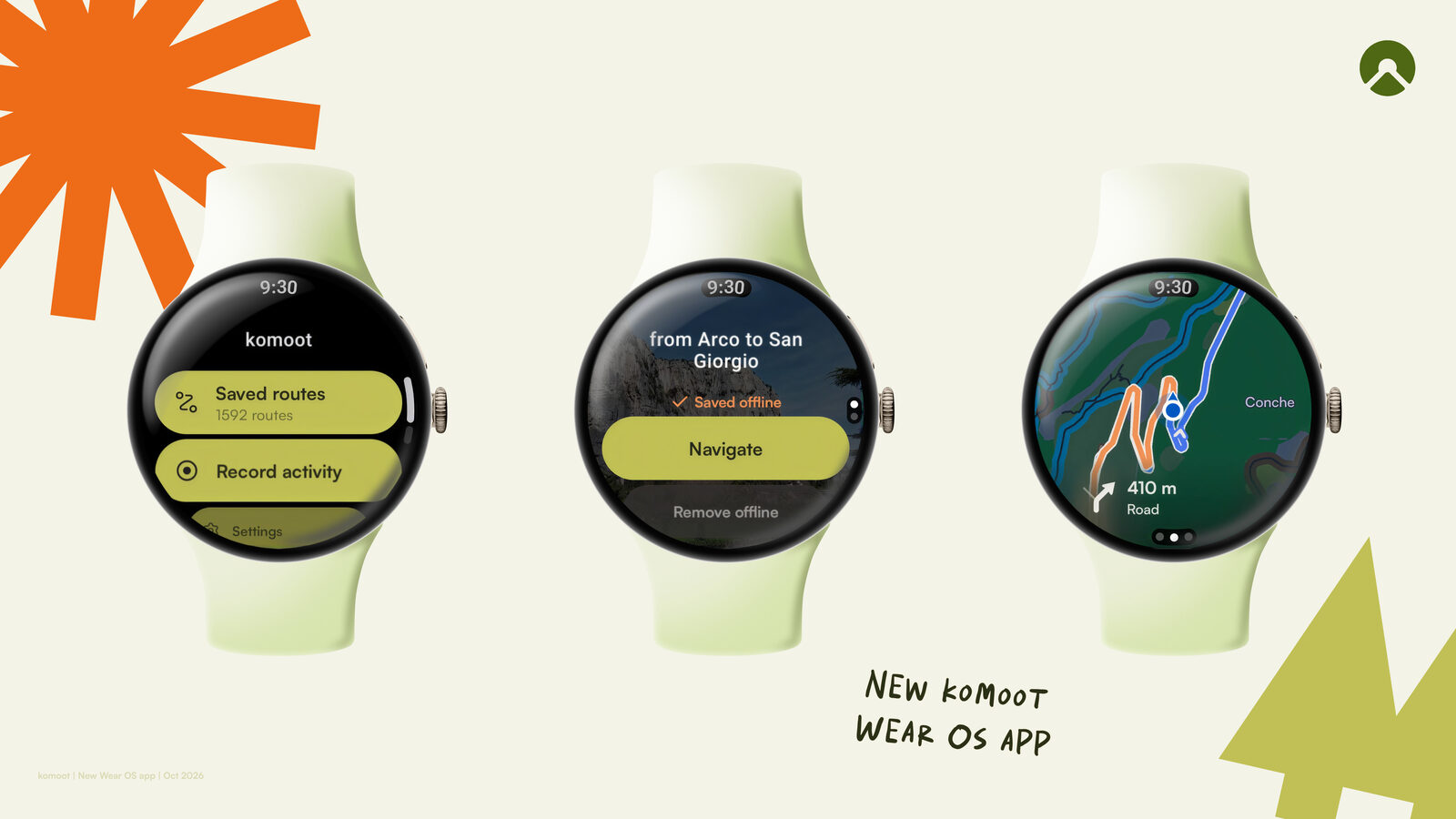 Drei Wear-OS-Smartwatches mit der neuen komoot-App – Startmenü, gespeicherte Tour und Kartenansicht mit Abbiegehinweis