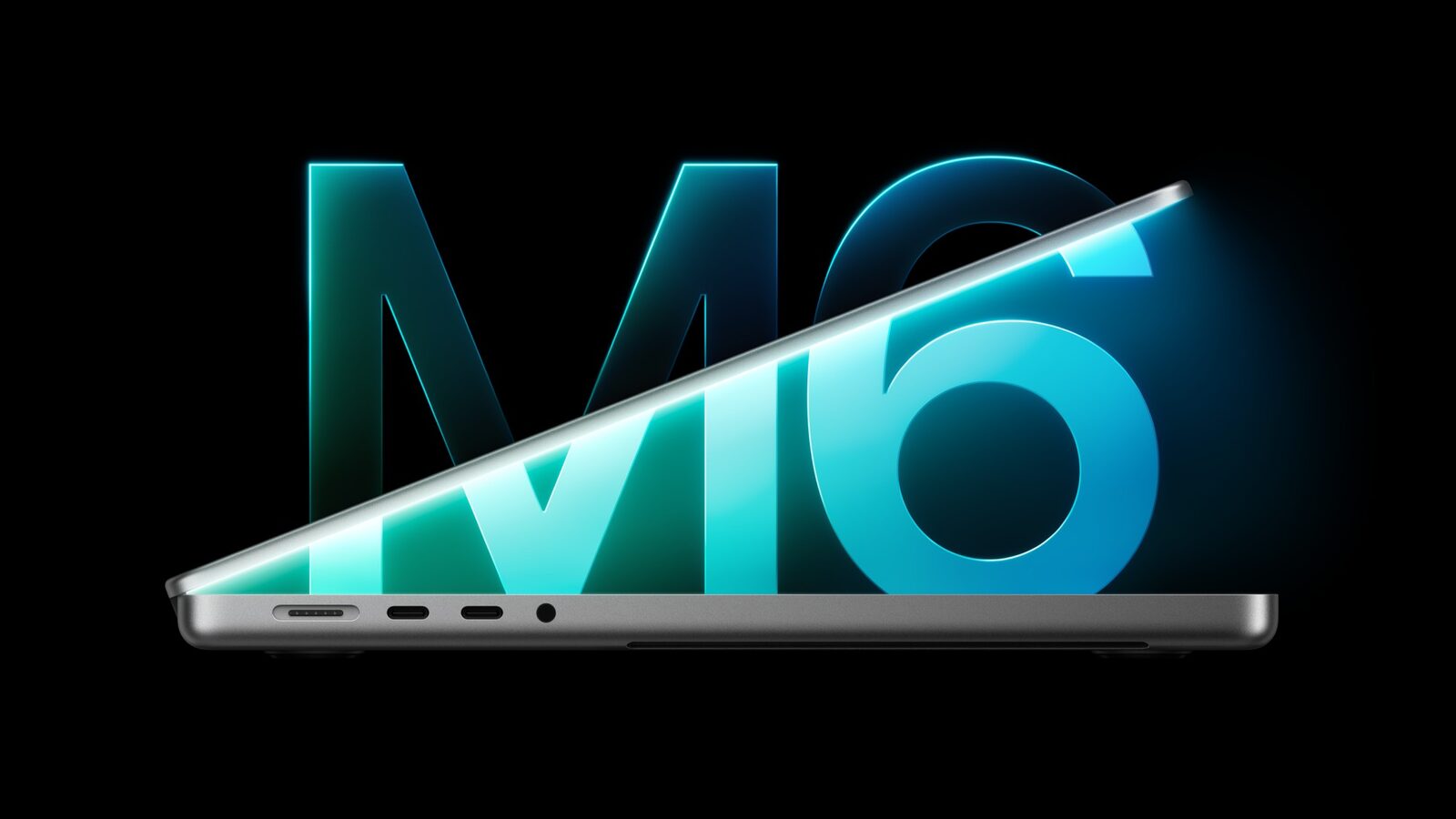 Yarı açık 14 inç MacBook Pro'nun yandan görünümü ve arkasında parlayan M6 yazısı