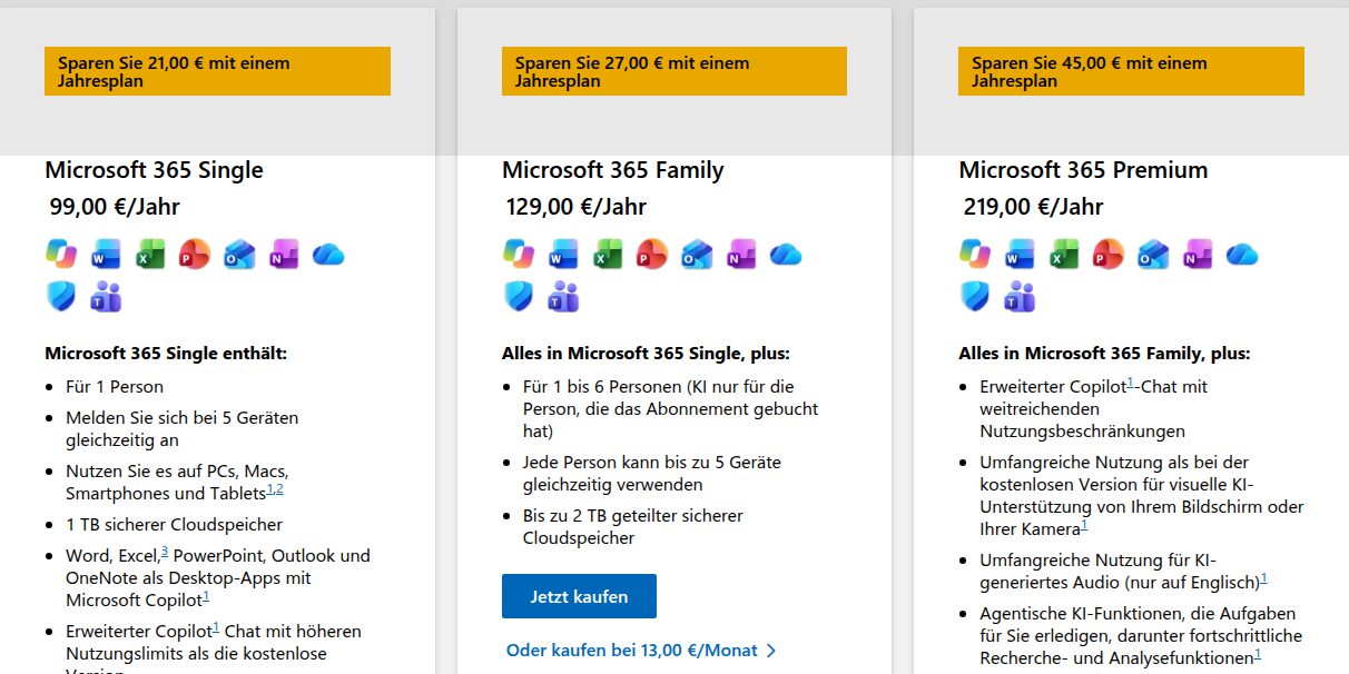 Preiskarten von Microsoft 365 Single, Family und Premium auf der deutschen Microsoft-Website, Family mit bis zu 2 TB geteiltem Cloudspeicher