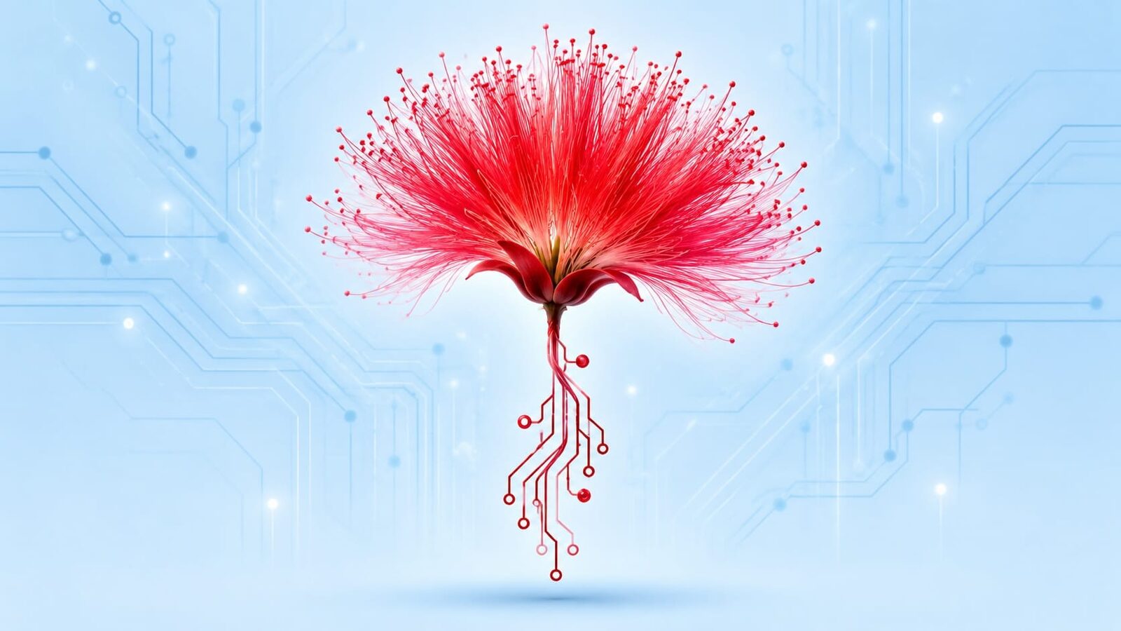 Kampagnenbild von Bitdefender zu Midnight Mimosa – eine rote Mimosenblüte, deren Stiel in Leiterbahnen übergeht