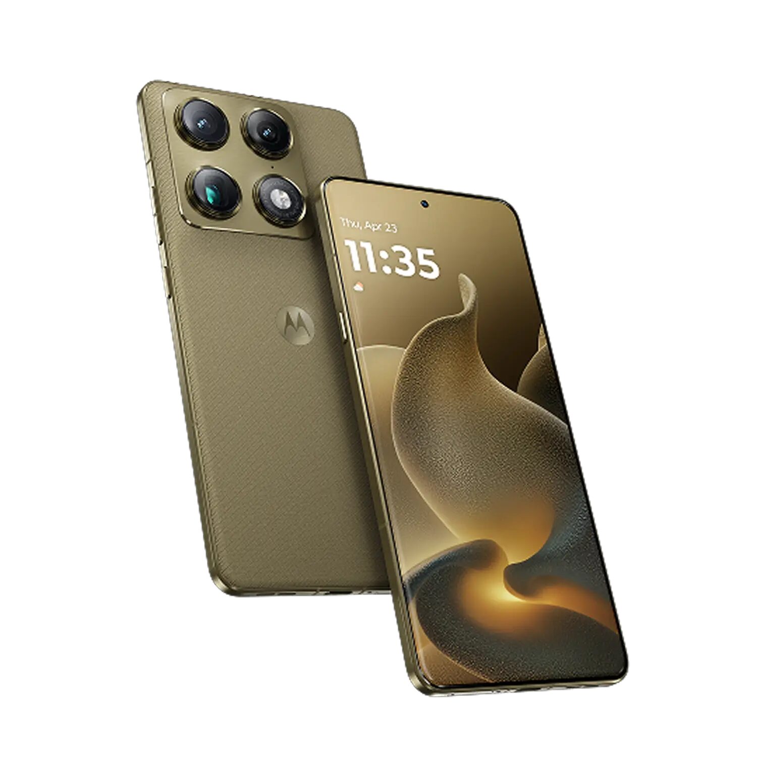 Motorola Edge 70 Pro in colore verde oliva, vista frontale e posteriore con il modulo a quattro fotocamere
