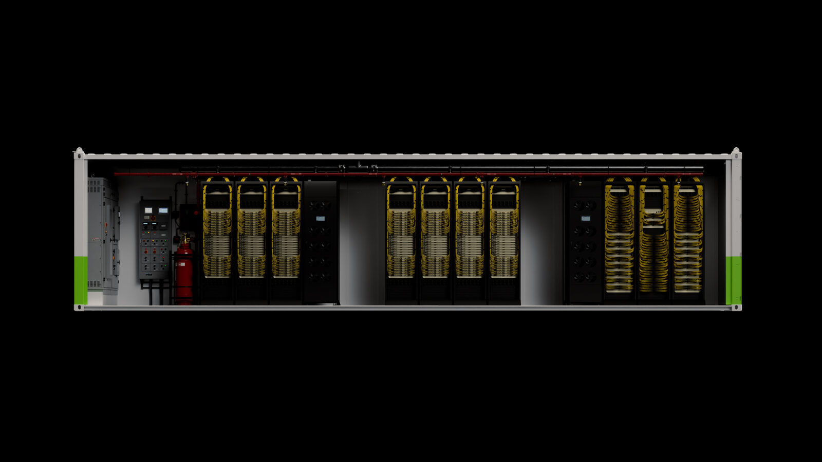 Schnittansicht eines NVIDIA DSX POD – ein Container mit Rechner-Racks, Kühlleitungen und Stromverteilung