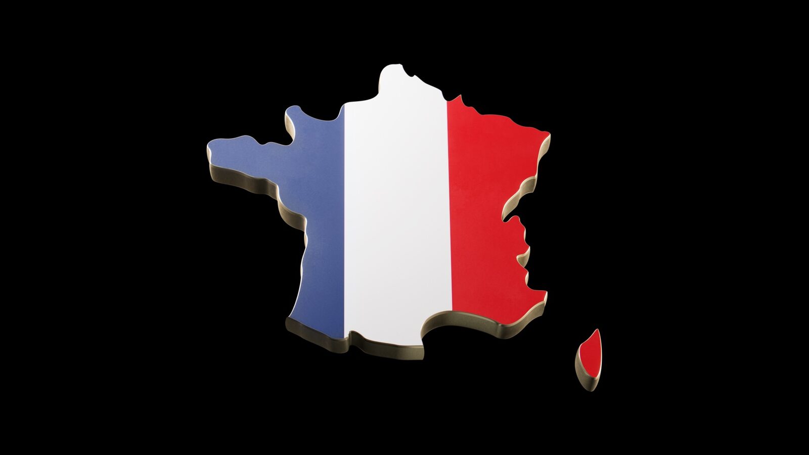 Dreidimensionale Frankreich-Karte in den Nationalfarben auf schwarzem Hintergrund