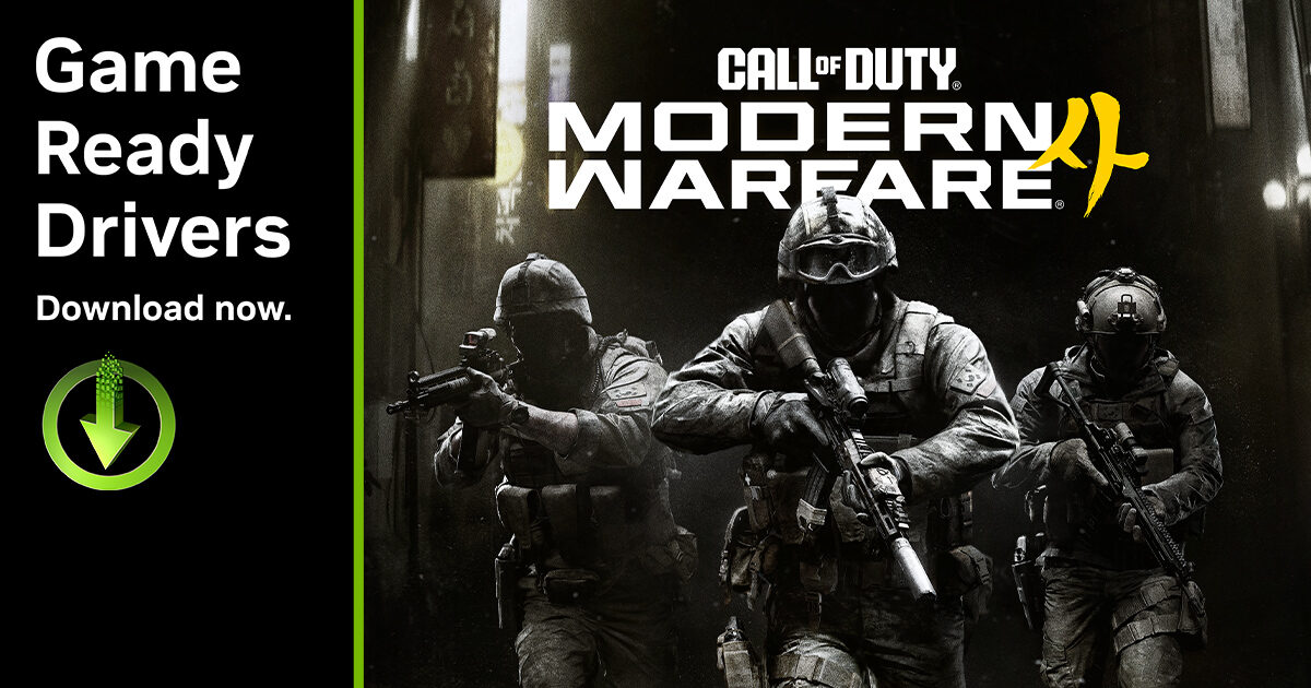 Nvidia Game Ready sürücü tanıtım görselinde Call of Duty Modern Warfare 4 logosu ve üç asker