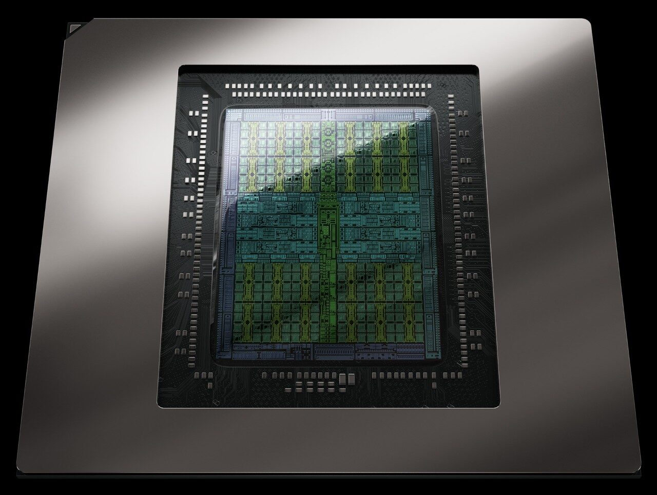 Nahaufnahme eines Nvidia-GPU-Chips der GeForce-RTX-50-Generation auf grauem Trägersubstrat vor schwarzem Hintergrund
