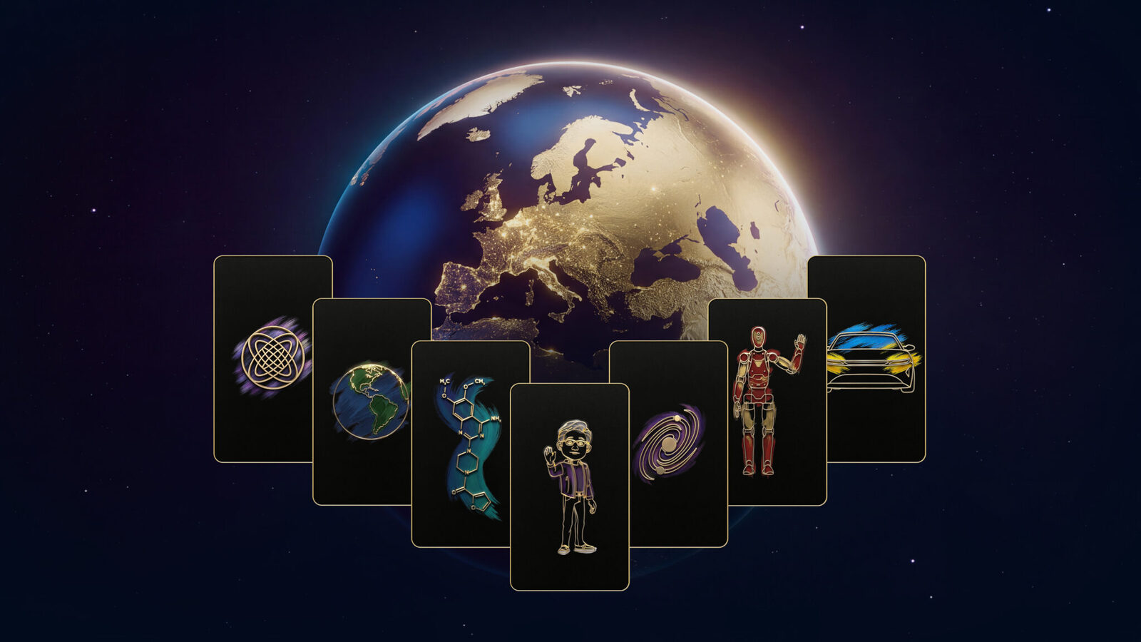 Illustration von NVIDIA – eine Weltkugel mit beleuchtetem Europa, davor Karten mit KI-Symbolen