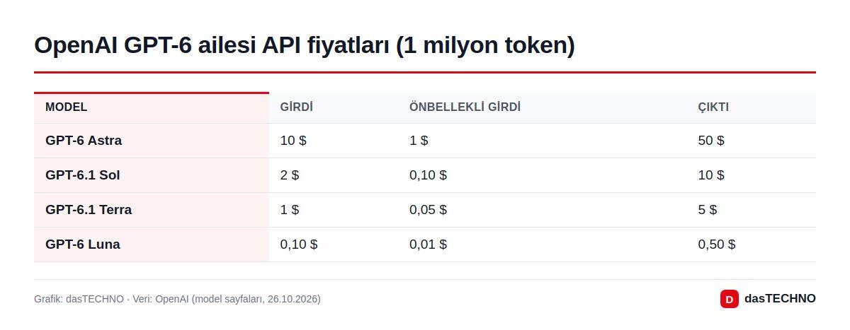 Grafik: dasTECHNO · Veri: OpenAI (model sayfaları, 26.10.2026) OpenAI GPT-6 ailesi API fiyatları (1 milyon token)