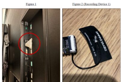 Due foto dagli atti dell'accusa: la porta USB dietro un televisore cerchiata in rosso e una piccola scheda elettronica con antenna nera