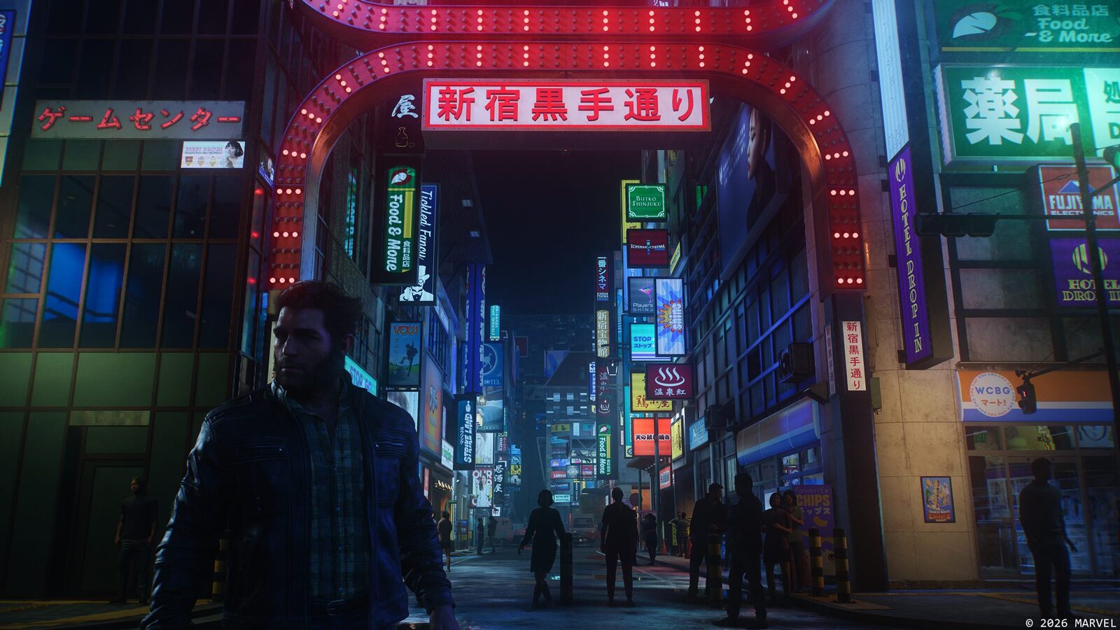 Szene aus Marvel's Wolverine bei Nacht – Logan läuft durch eine neonbeleuchtete Straße in Tokio