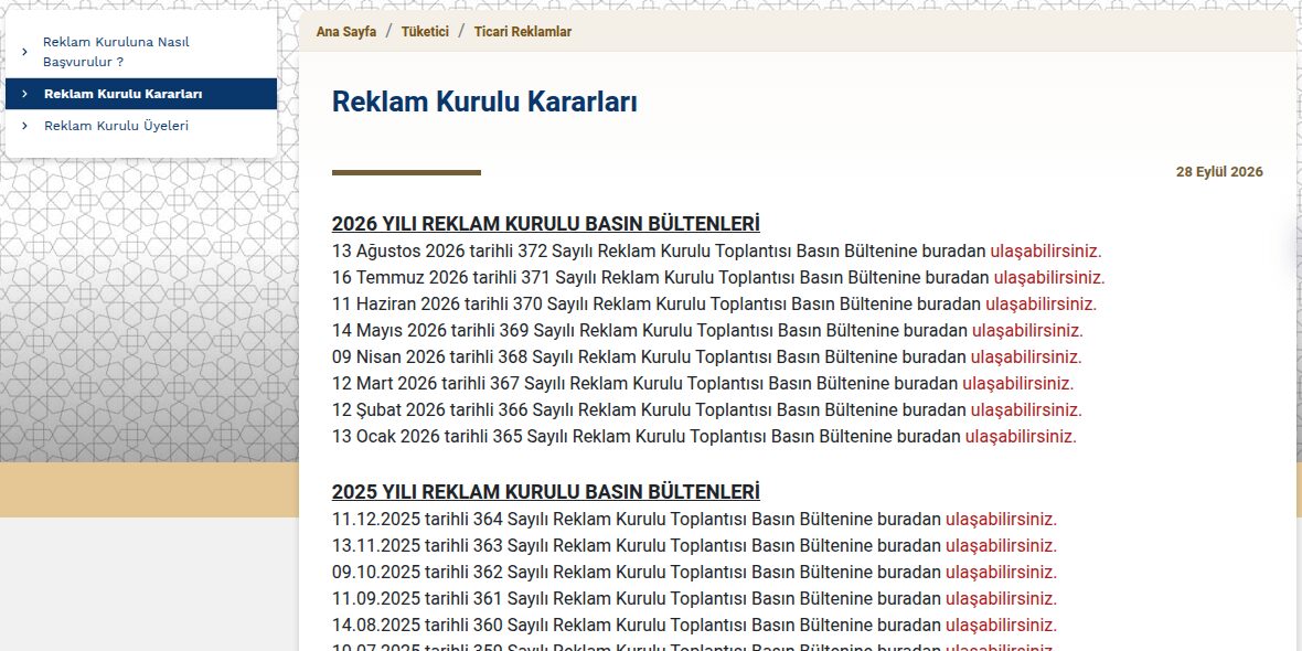 Ticaret Bakanlığı internet sitesindeki Reklam Kurulu Kararları sayfası ve 2026 yılı basın bültenleri listesi