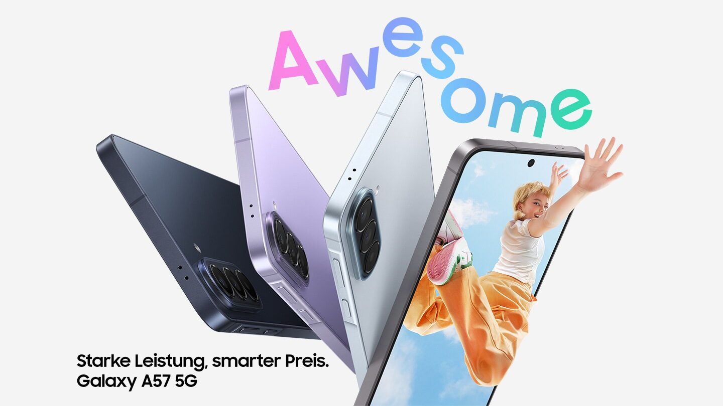 Galaxy A57 5G in Awesome Navy, Awesome Lilac und Awesome Icyblue von hinten, daneben die Vorderseite