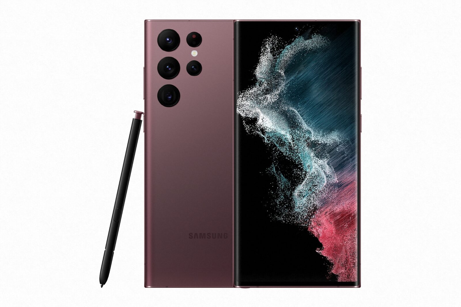 Bordo renkli Samsung Galaxy S22 Ultra'nın önden ve arkadan görünümü, yanında S Pen