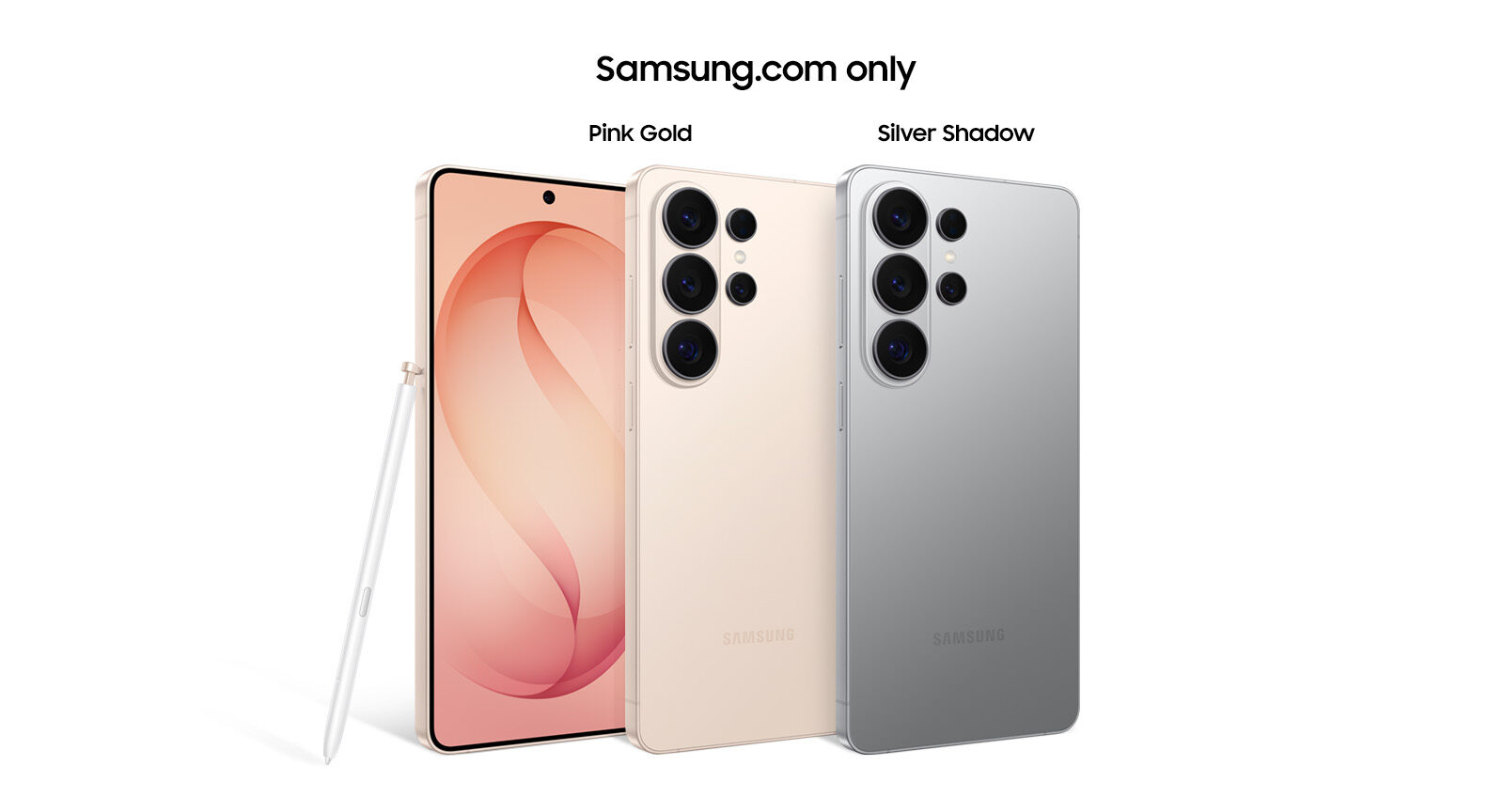 Galaxy S26 Ultra in Pink Gold und Silver Shadow, daneben die Vorderseite mit S Pen
