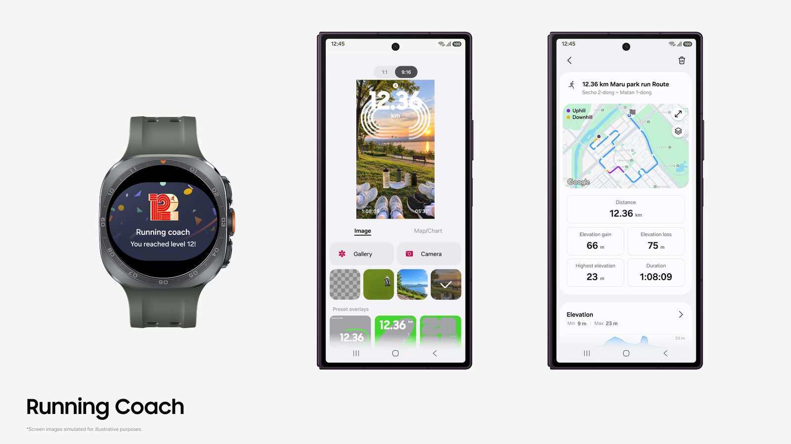Immagine: Samsung Galaxy Watch con il messaggio di livello 12 raggiunto in Allenatore per corsa, schermata di condivisione di una corsa e percorso importato con dislivello