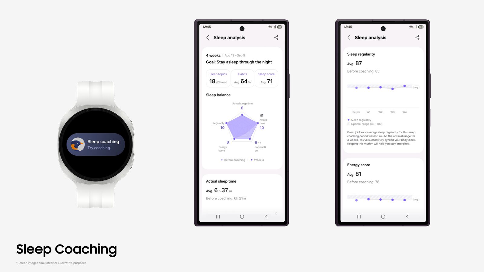 Un Galaxy Watch con la notifica Sleep coaching e due smartphone Galaxy che mostrano l'analisi del sonno con il grafico pentagonale Sleep balance