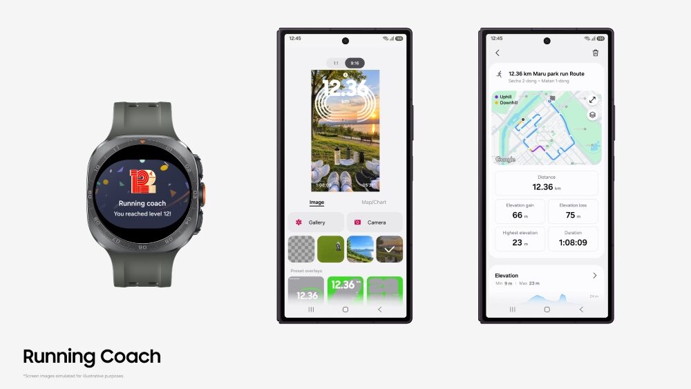 Görsel: Samsung Galaxy Watch'ta 12. seviye bildirimi, sosyal medya paylaşım şablonu ve Strava'dan aktarılan koşu rotası