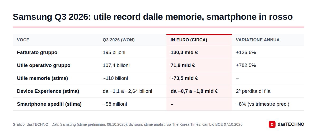 Samsung Q3 2026: utile record dalle memorie, smartphone in rosso
