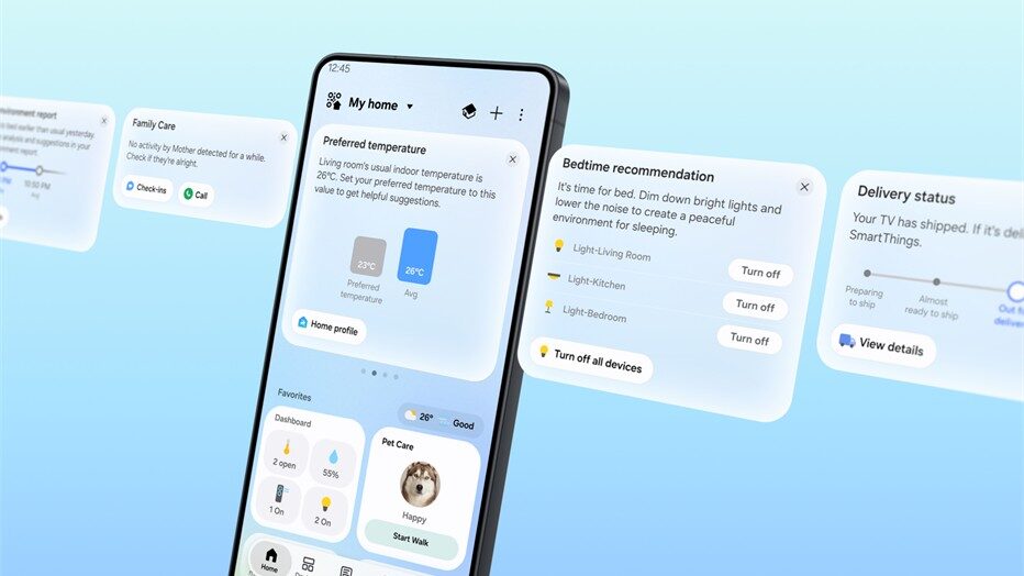 La nuova scheda Home dell'app SmartThings con schede contestuali su temperatura, routine serali e stato di una consegna