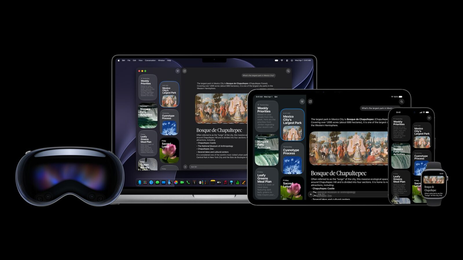 Vision Pro, MacBook, iPad, iPhone ve Apple Watch ekranlarında açık Siri uygulaması