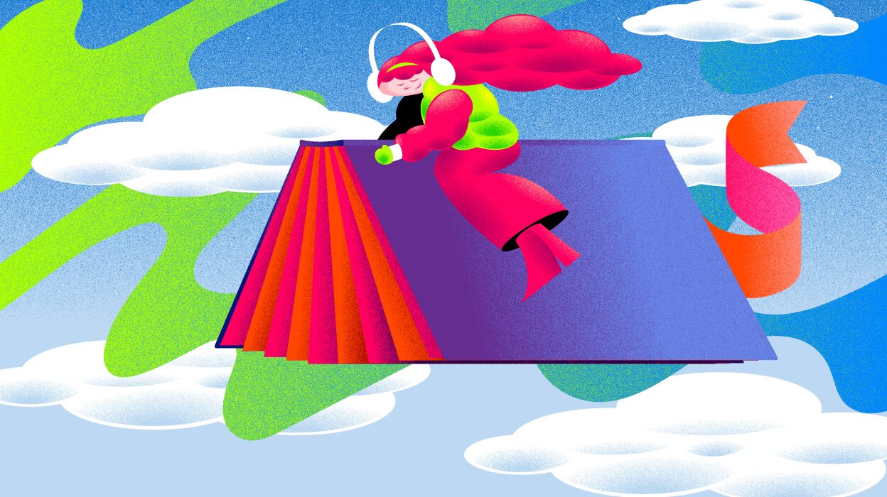 Illustratie van Spotify met een vrouw met koptelefoon die op een opengeslagen boek door de wolken vliegt