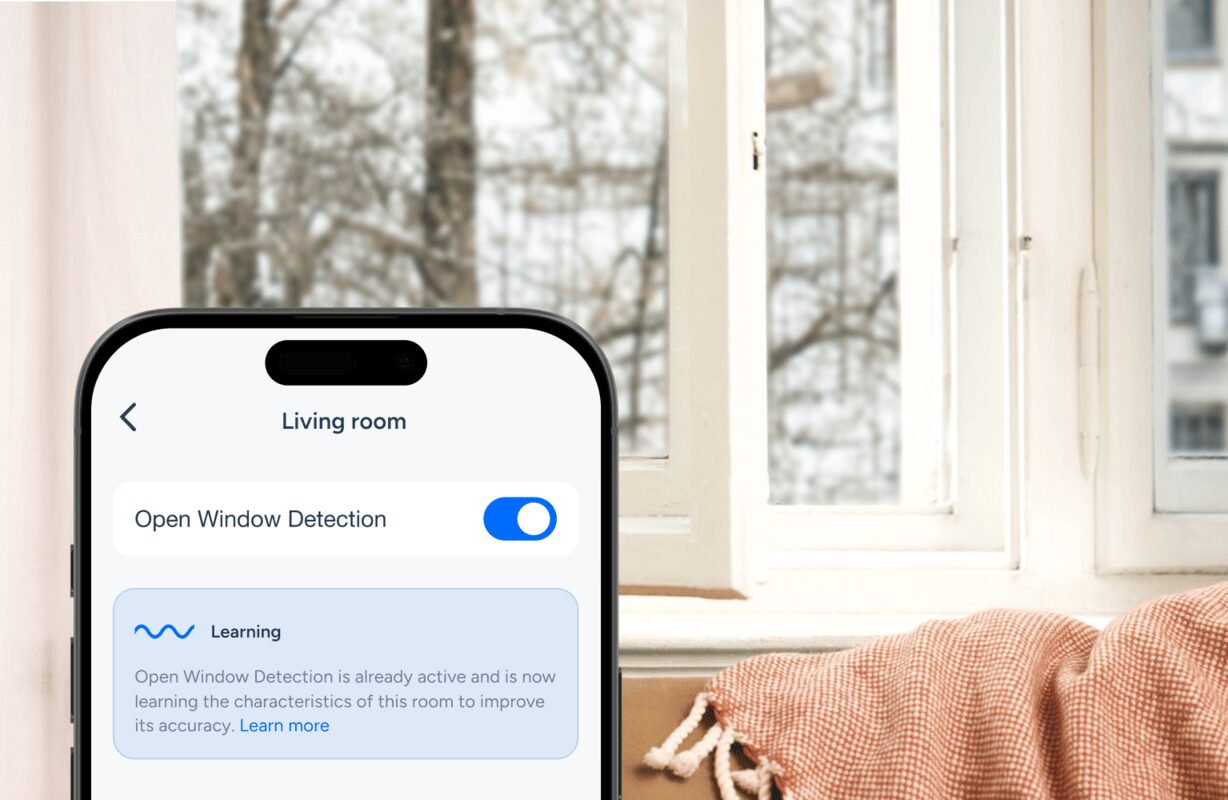 tado° App mit aktivierter Fenster-offen-Erkennung im Wohnzimmer, Hinweis auf die Lernphase