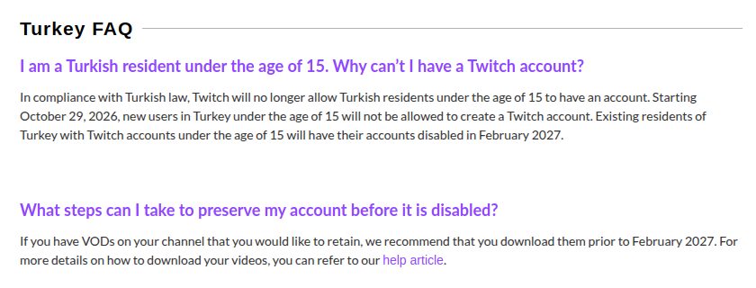 Twitch yardım merkezindeki Türkiye SSS bölümü: 15 yaş altı kullanıcıların hesap durumu