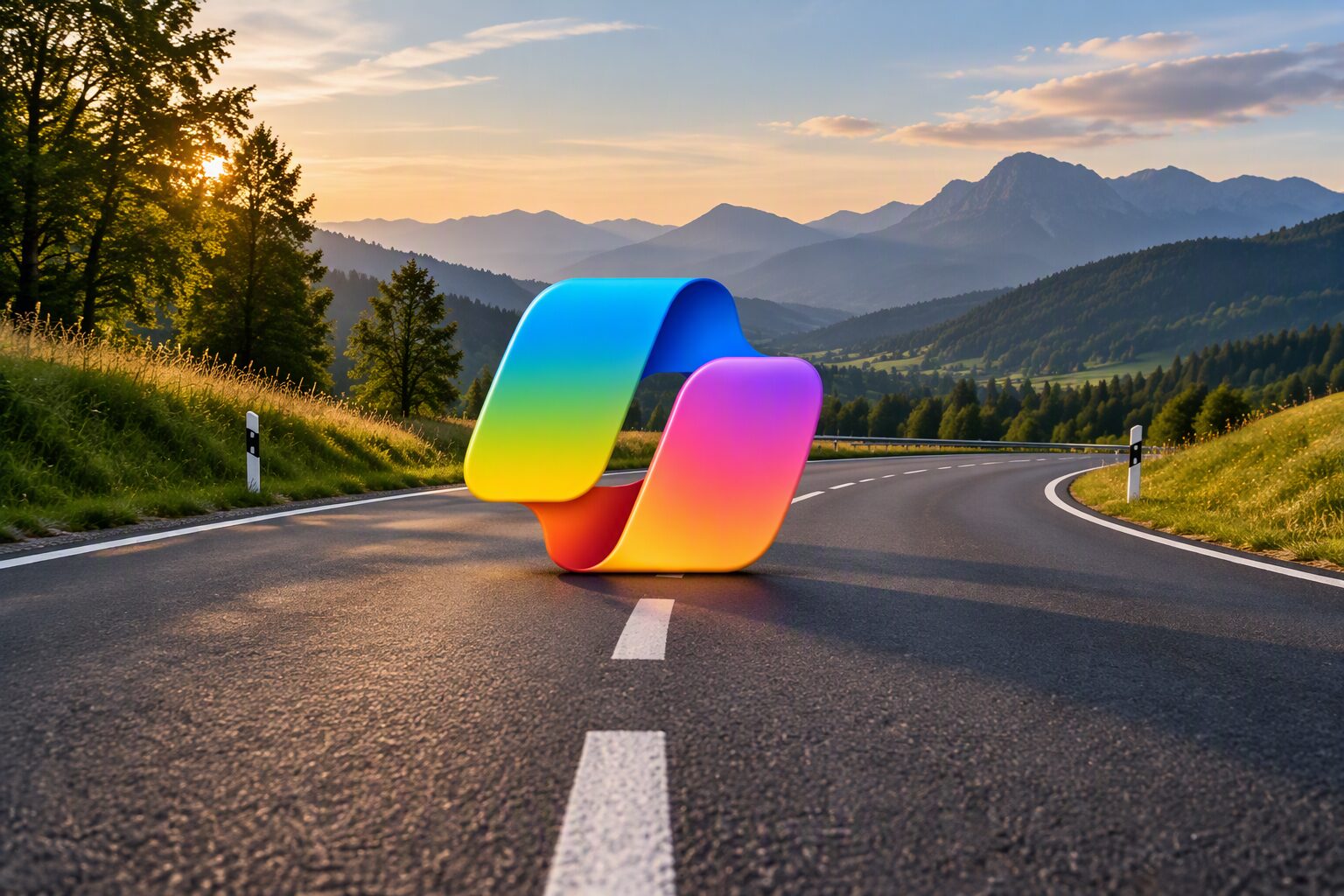 Das bunte Copilot-Logo von Microsoft schwebt über einer kurvigen Landstraße vor Bergkulisse im Abendlicht