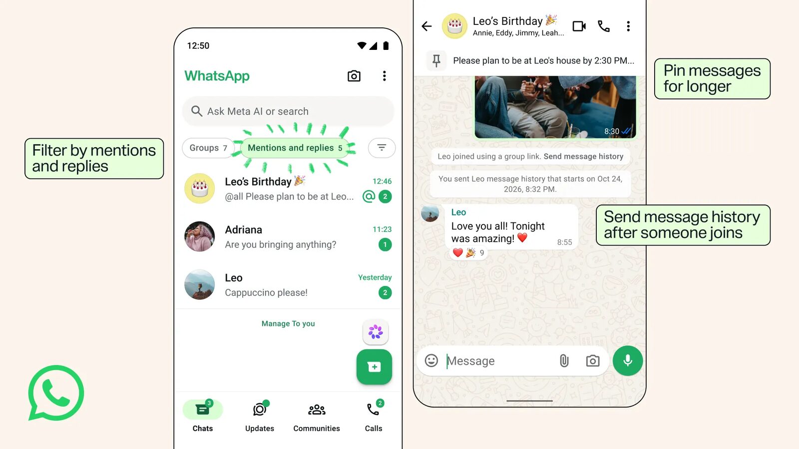 WhatsApp'ın yeni grup özelliklerini gösteren iki telefon ekranı; solda bahsetme ve yanıt filtresi, sağda sabit mesaj ve mesaj geçmişi