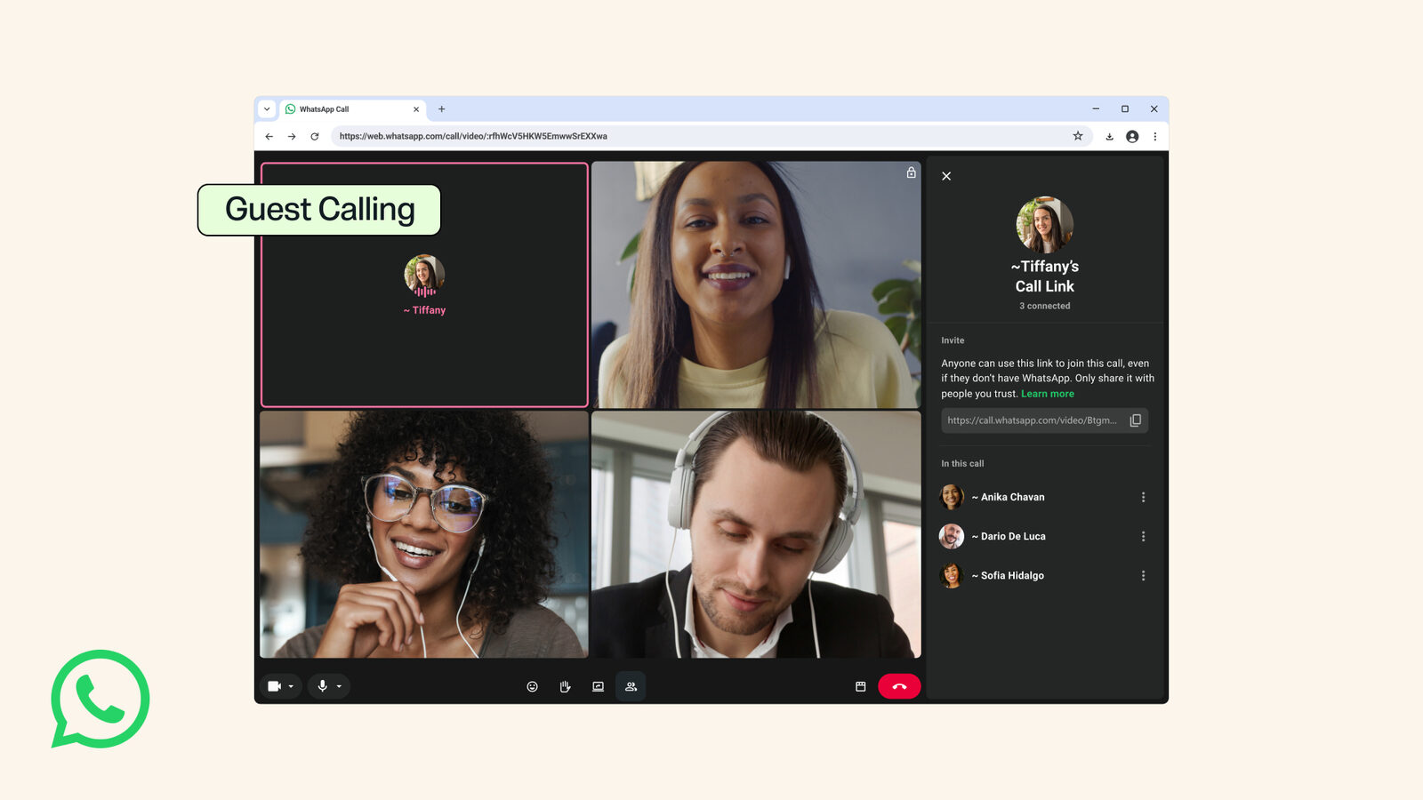 Tarayıcıda açılmış dört kişilik WhatsApp görüntülü araması ve "Guest Calling" yazısı