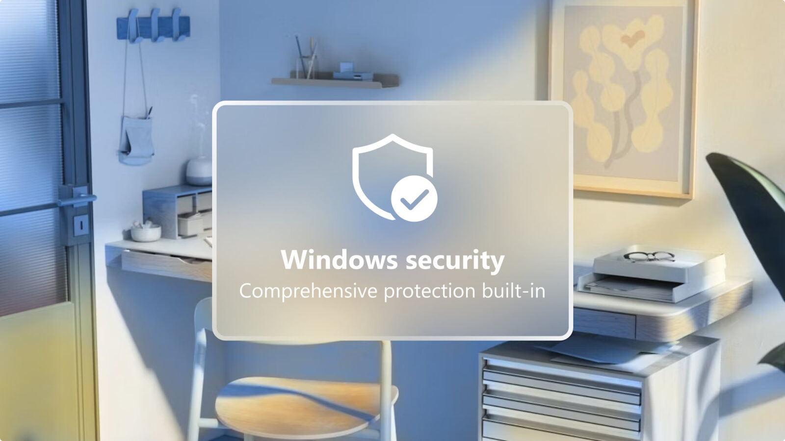 Werbemotiv von Microsoft: Arbeitsplatz mit eingeblendeter Karte „Windows security“ und Schild-Symbol