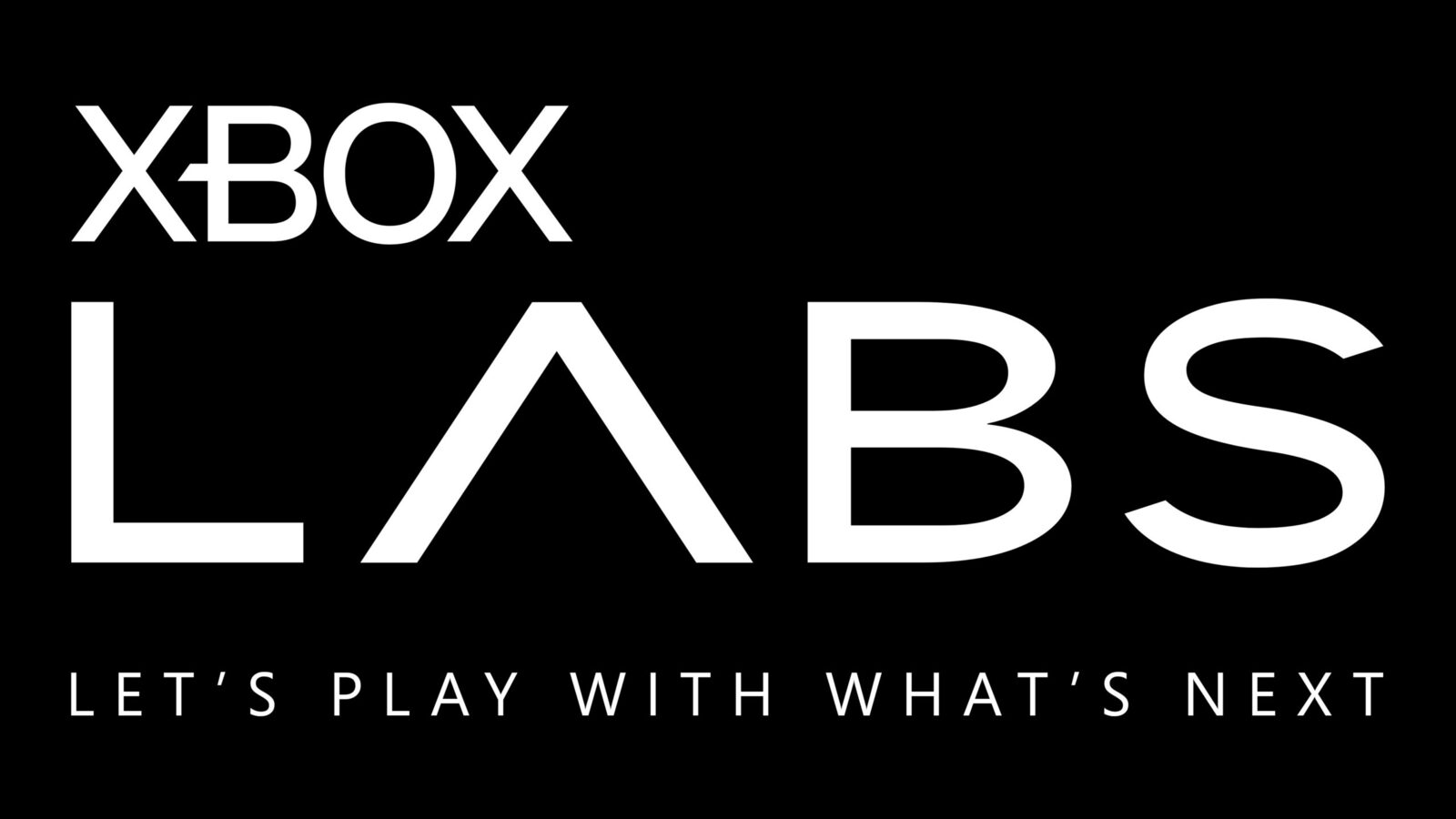 Officieel beeld van Xbox: witte letters XBOX LABS op een zwarte achtergrond met de slogan Let's play with what's next