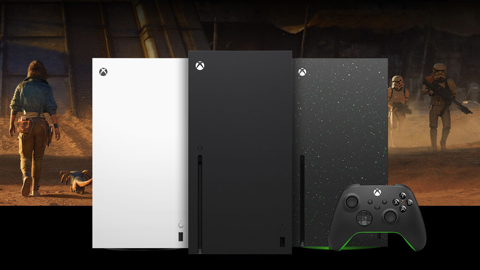 Officieel Xbox-beeld: de Xbox Series X in wit, zwart en Galaxy Black met een draadloze controller